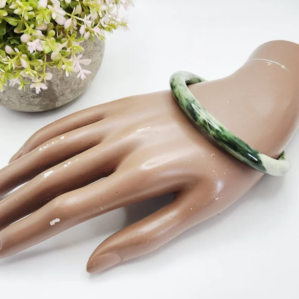 Natural Jadeite Spinach Speckled Jade Round Bangle Bracelet - Picture 5 of 6